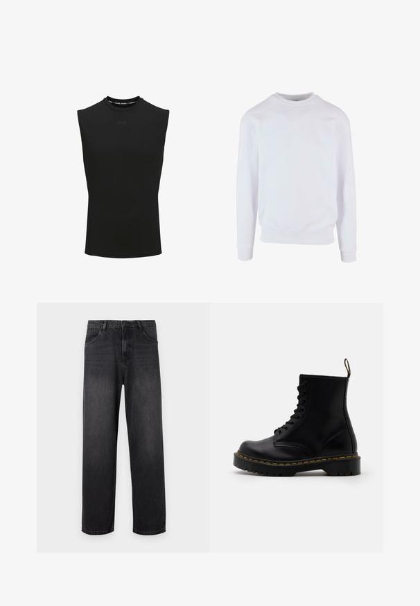 Sweatshirt alb cu guler rotund, manșete și tiv ribbed, având un design simplu. Fabricat dintr-un material moale și ușor.; Top sportiv fără mâneci, de culoare neagră, cu un guler înalt și un mic logo "CNZ" în centrul frontal.; Jeans negri din denim, cu croială dreaptă, cu fermoar, cinci buzunare și detalii subtile de decolorare pe material.; Bocanci negri din piele, cu șireturi în față, cusături galbene, vârf rotunjit și o talpă groasă din cauciuc texturat.