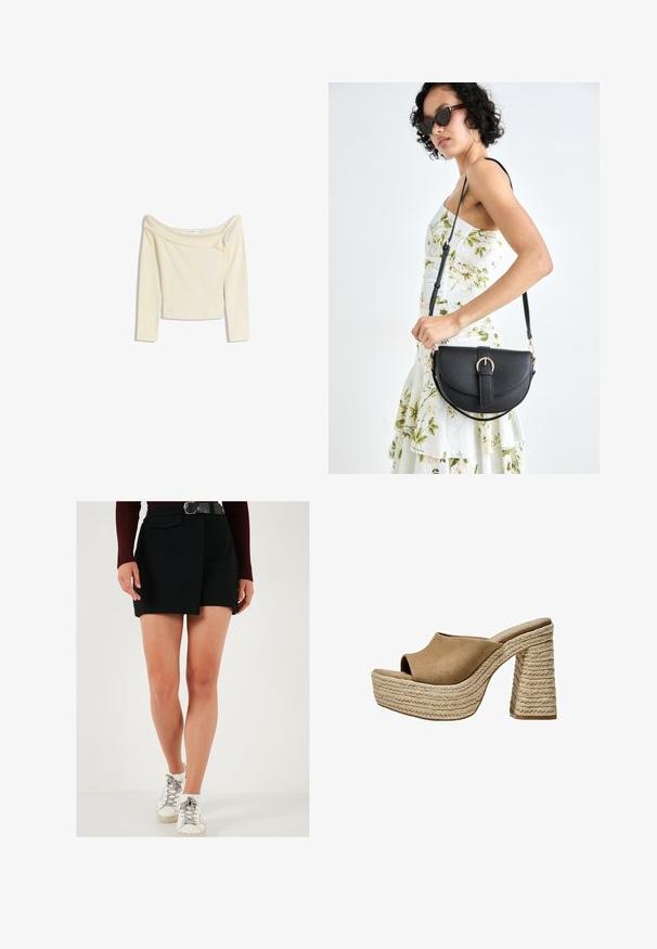 Off-the-shoulder, long-sleeve top in cream, made of soft, stretchy fabric with a slightly cropped design and ribbed neckline.; Black shorts with a side panel design, featuring a front pocket and a belt. Model wears white sneakers with grey accents. Smooth texture.; Brown suede platform mules with an open toe, featuring a chunky braided jute heel and a smooth, rounded upper design.; Black leather handbag with a curved shape, detachable strap, and gold hardware. The bag features a flap with a buckle detail.