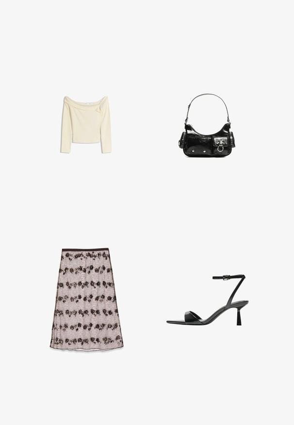 Off-the-shoulder, pitkähihaine toppi kermaisen värinen, pehmeästä ja joustavasta kankaasta, jossa on hieman lyhyt muotoilu ja ribattu pääntie.; Valkoinen midi-hame vaaleanpunaista pitsiä, jossa on tummanruskeita ja pronssisia kukkakuoseja. Hameessa on säihkeitä paljetteja ja sileä vyötärö.; Bershka Korolliset sandaalit - black; Mustekko mustasta kiiltonahasta valmistettu käsilaukku, jossa on kaareva muoto, yksi olkahihna, etutaskut ja hopeanväriset yksityiskohdat.