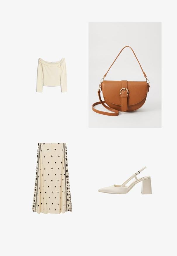 Off-the-shoulder, langærmet top i creme, lavet af blødt, strækbart stof med en let cropped design og ribbet halsudskæring.; Cremefarvet nederdel med små sorte palmetræer, prydet med intrikate sorte kantmønstre langs siderne, fremstillet af letvægtigt stof.; Beige slingback sko med spids tå, glat lakeret overflade, mid-block hæl og justerbar rem. Minimalistisk design med åbne sider.; Brun læder crossbody taske med en buet form, guldfarvet hardware og en spændeaccent. Har en aftagelig skulderrem.