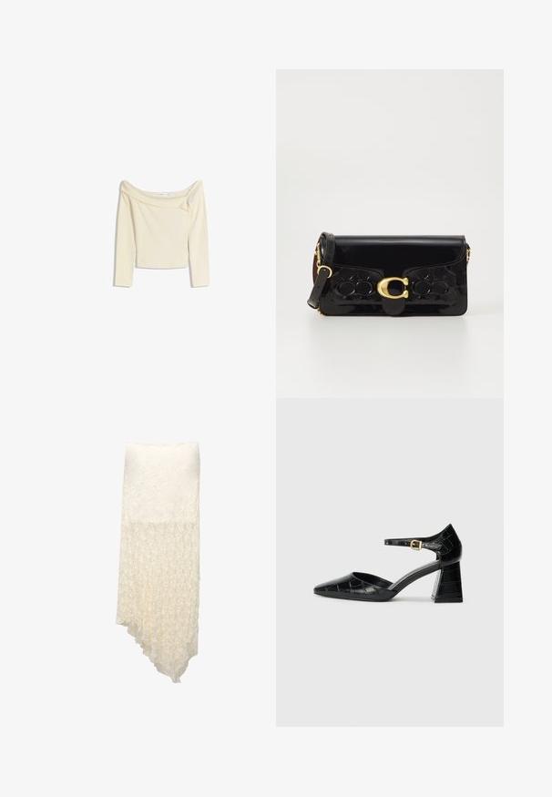 Schulterfreies, langärmliges Oberteil in Creme, aus weichem, dehnbarem Stoff mit einem leicht verkürzten Schnitt und geripptem Ausschnitt.; Weißer, strukturierter Wickelrock mit asymmetrischem Saum, der ein gekräuseltes Muster aufweist, das allmählich von durchgehend zu halbtransparent übergeht.; Schwarzer Lackleder-High-Heel-Schuh mit spitzem Zehenbereich, Knöchelriemen und strukturiertem Krokodil-Muster. Design mit quadratischem Blockabsatz.; Schwarze Handtasche aus patentiertem Leder mit goldfarbenen Beschlägen, einschließlich eines Verschlusses. Verfügt über ein strukturiertes Design und einen abnehmbaren Trageriemen. Kompakte rechteckige Form.