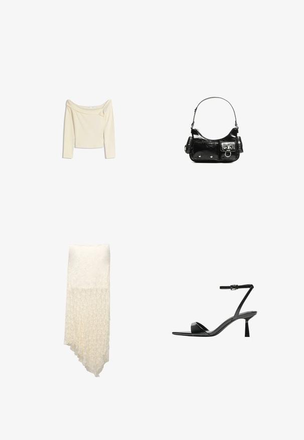 Top bez naramenica s dugim rukavima u krem boji, izrađen od mekog, rastezljivog materiijala s blago skraćenom konstrukcijom i rebrastim izrezom.; Bijela, reljefna suknja omota s asimetričnom rubom, s naboranim uzorkom koji se postupno prelijeva iz čvrstog u polu-prozirni.; Bershka Sandale s visokom petom - black; Crna patentna kožna torba s zakrivljenim oblikom, jednim remenom za rame, prednjim džepovima i akcentima od srebrnog tona.