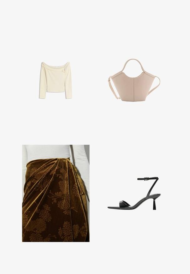 Off-the-shoulder, long-sleeve top in cream, made of soft, stretchy fabric with a slightly cropped design and ribbed neckline.; Brown velvet skirt with floral pattern, featuring pleats and a draped design. Textured surface enhances the ornate detailing.; Bershka High heeled sandals - black; Beige leather handbag with a unique shape, featuring two short handles and a long adjustable strap. Smooth texture with minimal hardware.