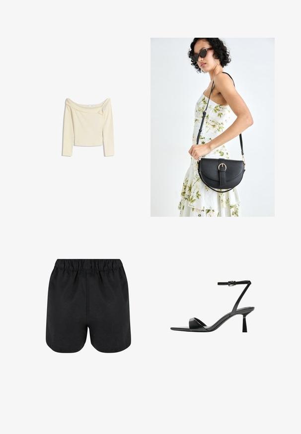 Off-the-shoulder, langærmet top i creme, lavet af blødt, strækbart stof med en let cropped design og ribbet halsudskæring.; Sorte shorts med elastisk talje. Blødt stof, enkelt design og let afrundet kant nederst. Ingen synlige mønstre eller logoer.; Bershka Højhælede sandaletter / Højhælede sandaler - black; Sort læderhåndtaske med en buet form, aftagelig rem og guldfinish. Tasken har en klap med en spænde detalje.