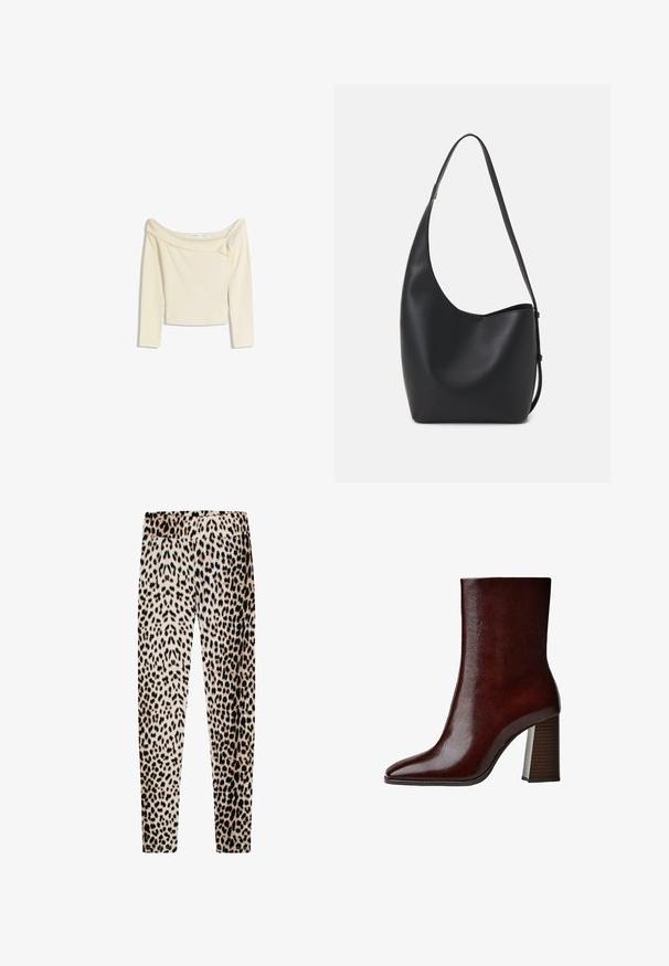 Top a spalle scoperte con maniche lunghe in crema, realizzato in morbido tessuto elasticizzato con un design leggermente accorciato e scollo a costine.; Leggings in stampa leopardata realizzati in tessuto morbido, dotati di un elastico in vita, gambe lunghe e sottili, con una combinazione di motivi beige, neri e marroni.; Stivaletto marrone in pelle con punta affusolata, superficie liscia e alto tacco a blocco caratterizzato da scanalature verticali.; Borsa hobo nera in pelle con una superficie liscia, forma curvata e una singola tracolla regolabile; presenta un'ampia apertura nella parte superiore.