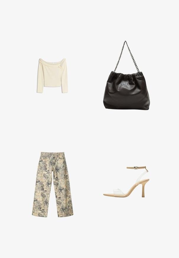 Top o odkrytych ramionach, z długim rękawem w kolorze ecru, wykonany z miękkiego, elastycznego materiału, o lekko skróconym kroju i prążkowanym dekolcie.; Spodnie szerokie w kolorze moro, w odcieniach zieleni, beżu i szarości. Wykonane z teksturowanej tkaniny z tradycyjnym wzorem kieszeni.; Przezroczysta sandał z obcasem, z przezroczystą cholewką, beżową wkładką i smukłym paskiem w okolicy kostki. Posiada spiczasty czubek i cienki wysoki obcas.; Brązowa skórzana torba z marszczonym szczytem i łańcuszkowym paskiem. Gładka tekstura z błyszczącym wykończeniem i subtelnymi detalami szwów po bokach.