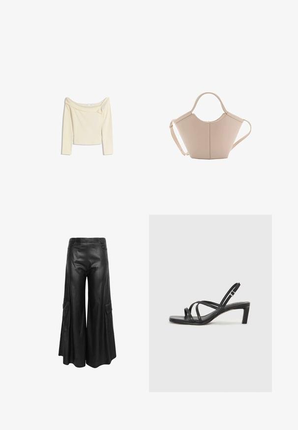 Off-the-shoulder, long-sleeve top in cream, made of soft, stretchy fabric with a slightly cropped design and ribbed neckline.; Black wide-leg trousers made of faux leather, featuring two side pockets, a smooth texture, and a loose silhouette.; Black strappy sandal with a square toe and a low block heel. Features multiple thin straps and an adjustable ankle strap. Made of smooth leather.; Beige leather handbag with a unique shape, featuring two short handles and a long adjustable strap. Smooth texture with minimal hardware.