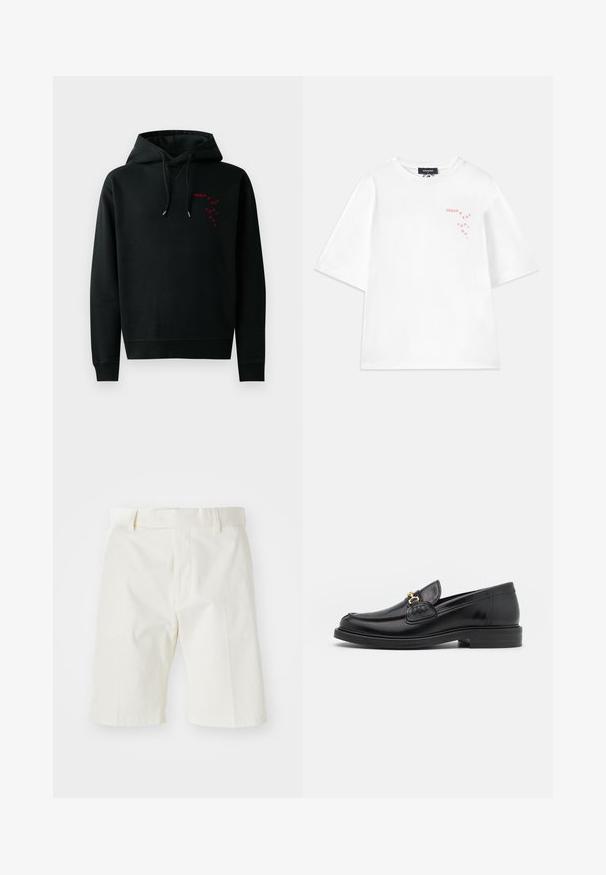 Zwarte hoodie met een kangoeroezak, voorzien van een rode bedrukte logo op de borst. Trekkoorden met zilveren punten en ribgebreide manchetten. Katoenen materiaal.; Dsquared2 LOOSE FIT TEE - T-shirt print - white; Witte katoenen shorts met een rechte snit, voorzien van een vlakke voorkant, riemlussen en een gladde textuur. Geen zichtbare patronen of accenten.; Zwarte leren instappers met een ronde neus, voorzien van een gouden hardware accent en stikdetails, geplaatst op een lage, getextureerde rubberen zool.