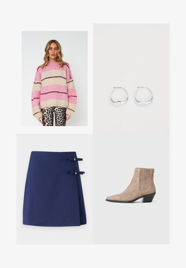 Striped sweater in pink, beige, and dark brown, made of soft, textured fabric. Features a relaxed fit and wide sleeves.; Navy blue wrap skirt with a textured finish, featuring two small fabric bows as accents on the side. Simple and structured design.; Beige suede ankle boot with a pointed toe and molded heel, featuring vertical stitching accents on the sides.; Silver hoop earrings with a polished finish and DKNY branding, displayed against a plain white background.