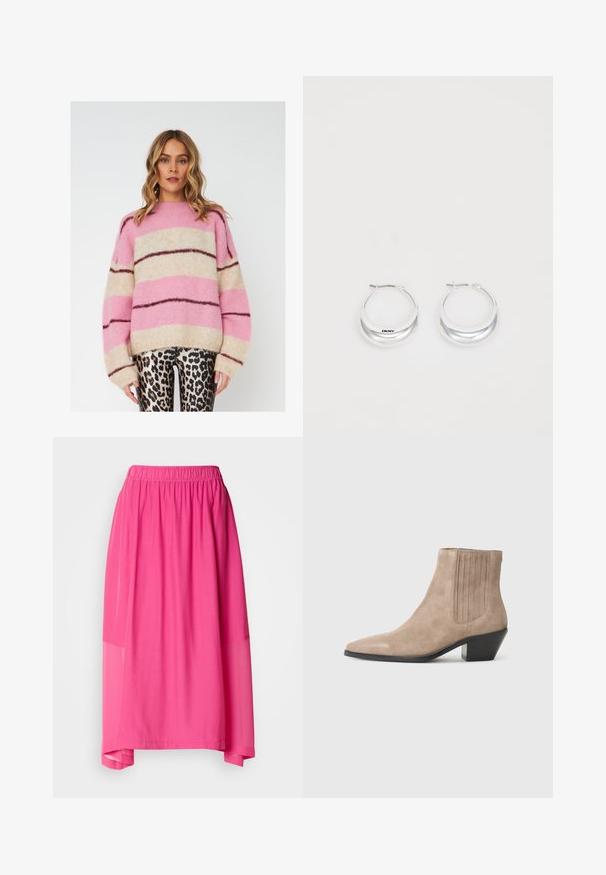 Stripet genser i rosa, beige og mørkebrunt, laget av mykt, teksturert stoff. Har en avslappet passform og vide ermer.; Rosa midi skjørt med elastisk midje, med et lagdelt design og gjennomsiktige detaljer som skaper en flytende silhuett og myk tekstur.; Beige semsket ankelstøvel med spiss tå og formet hæl, med vertikale sømdetaljer på sidene.; Sølv øreringer i hoop-stil med en polert finish og DKNY-merke, vist mot en enkel hvit bakgrunn.