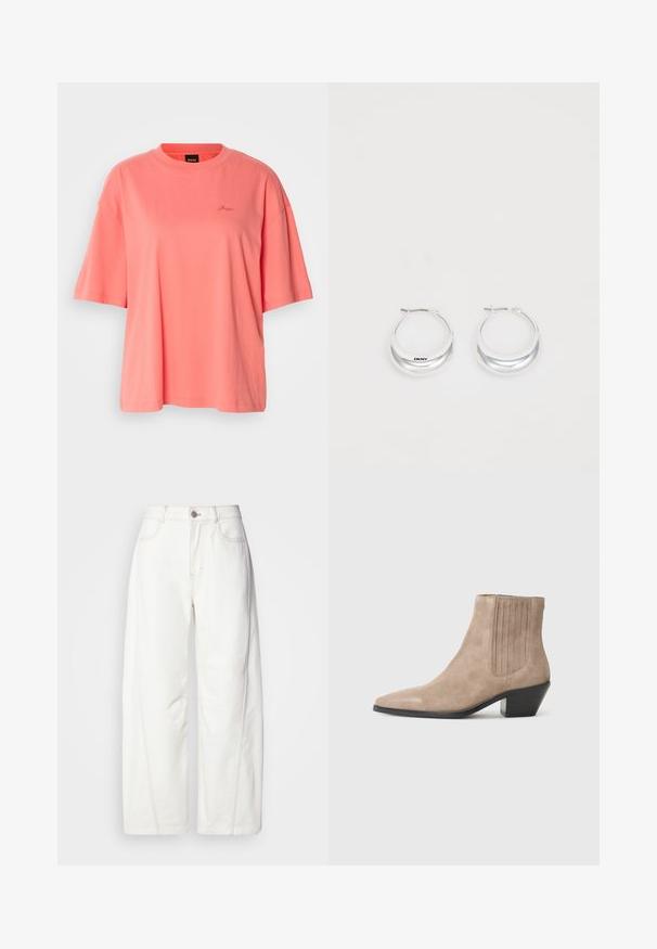 Dryžuota megzta palaidinė rausva, smėlinė ir tamsiai ruda spalvomis, pagaminta iš minkštos, tekstūruotos medžiagos. Pasirinktas laisvas siluetas ir plačios rankovės.; Korali oversized marškinėliai, pagaminti iš švelnios medvilnės, su apvaliu kaklu ir trumpomis rankovėmis, su subtiliu siuvinėjimu ant krūtinės.; Balti plačios kojų džinsai, pagaminti iš džinsinio audinio su matomu siuvimu. Yra sagčių uždarymas ir šiek tiek tekstūros. Priekyje yra kišenės.; Bežiniai zomšiniai auliniai batai su smailiu pirštu ir formuotu kulnu, su vertikaliomis siuvimo detalėmis šonuose.; Sidabrinės auskarų žiedai su poliruotu paviršiumi ir DKNY ženklu, eksponuojami prieš paprastą baltą foną.