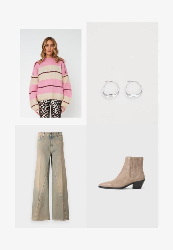 Prugasta jopica v roza, bež in temno rjavi barvi, izdelana iz mehke, strukturirane tkanine. Ima sproščen kroj in široke rokave.; Svetlo modri široki jeans iz denima. Imajo visok pas, sprednje žepe in značilno šivno vzorčenje vzdolž nog.; Bežna semina gležnjača s špičastim nosom in oblikovanim peto, ki ima vertikalne šive na straneh.; Srebrni obročasti uhani s poliranim zaključkom in DKNY blagovno znamko, prikazani na eni preprosti beli podlagi.