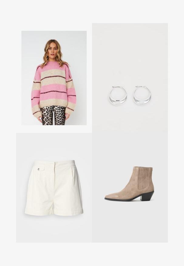 Pruhovaný sveter v ružovej, béžovej a tmavo hnedej farbe, vyrobený z mäkkého, textúrovaného materiálu. Má voľný strih a široké rukávy.; Biele bavlnené šortky s rovnom prednou časťou, bočnými vreckami, prednými pútkami a jedným gombíkom na zapínanie v páse. Tvarovaný strih, hladká textúra.; Béžová semišová členková obuv s špicatou špičkou a tvarovaným opätkom, s vertikálnymi prešívaniami na stranách.; Strieborné kruhové náušnice s lesklým povrchom a značkou DKNY, vystavené na rovnom bielom pozadí.