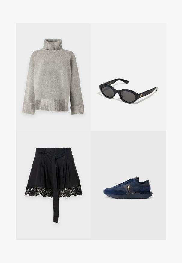 Maglione grigio a collo alto realizzato in morbido tessuto a maglia con polsini e orlo a coste. Presenta una vestibilità rilassata e un colletto strutturato.; Camicia bianca con bottoni a pressione realizzata in cotone morbido, con colletto classico, orlo dritto e bottoni beige lungo la parte anteriore.; Gonna nera con orlo in pizzo testurizzato, caratterizzato da bordi ondulati e dettagli in pompon. Il design include un accento in vita con nodo.; Scarpe da ginnastica blu marino realizzate in materiali scamosciati e in rete, dotate di suola in gomma, design con lacci e accento di logo dorato.; Occhiali da sole neri a forma ovale con lenti scure e montatura in plastica lucida. Presentano un logo dorato sulla stanghetta, offrendo un design elegante e moderno.; Borsa a tracolla nera realizzata in tessuto, con un logo in rilievo prominente in un design circolare. Texture liscia con dettagli in pelle contrastanti.