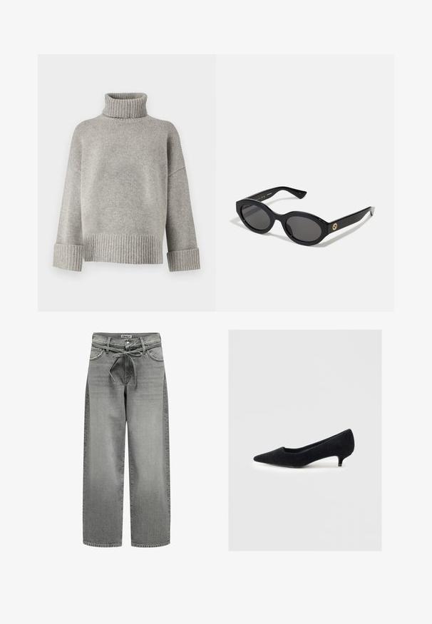 Grey turtleneck sweater made of soft knit material with ribbed cuffs and hem. Features a relaxed fit and a structured neckline.; Wide-leg gray denim jeans with a drawstring waistband and front pockets. The fabric features a slight texture and faded finish.; Black pointed-toe pump made of soft fabric with a textured finish and a short, narrow heel. Simple design, no embellishments.; Black oval sunglasses with dark lenses and glossy plastic frame. Features gold logo on the temple, offering a sleek and modern design.; Black tote bag made from fabric, featuring a prominent embossed logo in a circular design. Smooth texture with contrasting leather accents.