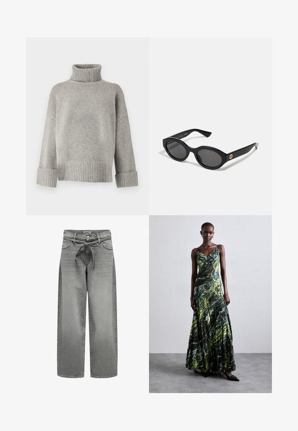 Šedý rolák vyrobený z měkkého pleteného materiálu s ribovanými manžetami a lemem. Disponuje volným střihem a strukturovaným výstřihem.; Šedé džíny s volným střihem a šňůrkovým páskem, které mají přední kapsy. Látka má mírnou strukturu a vybledlý vzhled.; Maxi šaty v zeleném a černém mramorovém designu, vyrobené z lehkého materiálu. Mají výstřih do V, tenké ramínka a volný siluetu.; Černé oválné sluneční brýle s tmavými skly a lesklým plastovým rámem. Obsahují zlaté logo na straně, které poskytuje elegantní a moderní design.; Černá taška přes rameno vyrobená z látky, s výrazným embosovaným logem v kruhovém designu. Hladký povrch s kontrastními koženými detaily.