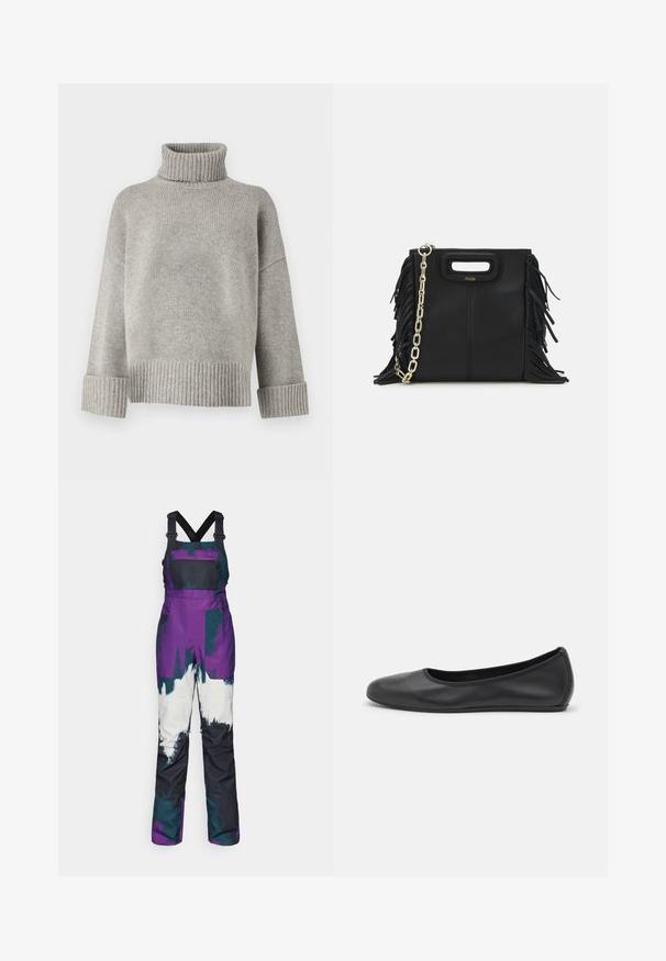 Grau gestrickter Rollkragenpullover aus weichem Strickmaterial mit gerippten Bündchen und Saum. Verfügt über einen lockeren Schnitt und einen strukturierten Kragen.; Lila und türkisfarbene Schneeoveralls mit verstellbaren schwarzen Trägern, ausgestattet mit einer Brusttasche, auffälligen Farbblöcken und einem wasserabweisenden Design.; Schwarze Leder-Ballettschuhe mit abgerundeter Spitze, glatter Textur, minimalen Nähdetails und einem flexiblen Sohlen-Design.; Schwarze Lederhandtasche mit Fransen-Details, goldener Ketten-Schulterriemen und einem ausgeschnittenen Griff. Mit Logoplatzierung auf der Vorderseite.