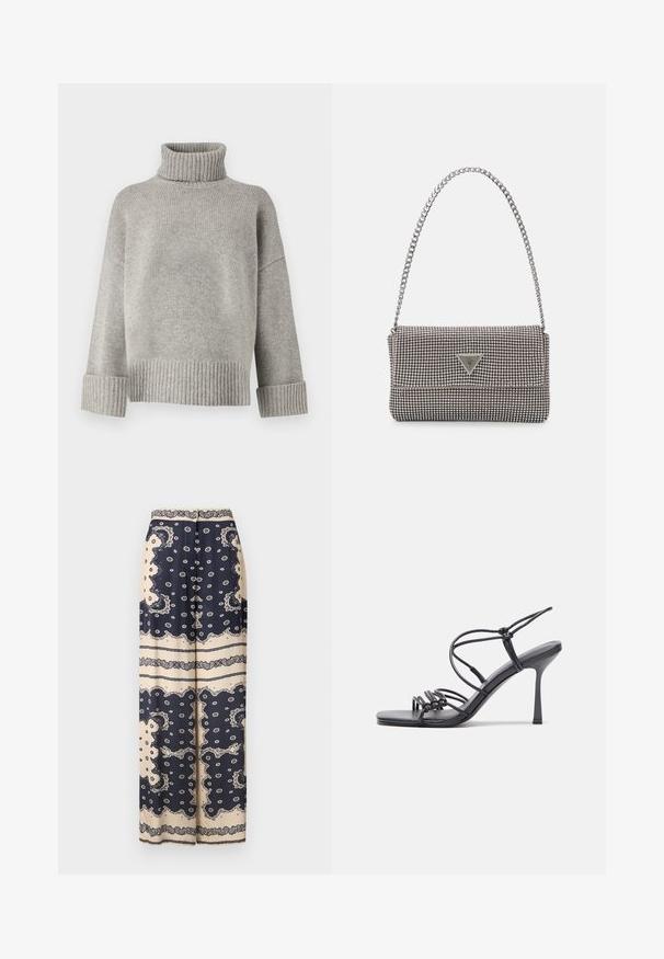 Harmaan vilttipuseron turtleneck-malli, joka on valmistettu pehmeästä neulomasta materiaalista. Varusteena on ribbisaumat hihansuissa ja helma. Ominaisuuksiin kuuluu rento leikkaus ja jämäkkä kaula-aukko.; Pitkät, leveät housut tummansinisenä, joissa on vaaleankerman väri paisley-kuvio; varustettu kuminauhavyötäröllä ja koristepainikkeilla edessä. Sileä kangastuntu.; Mustat korkokengät sandaalit, joissa on ohuet hihnat solmittuna, sileä neliön muotoinen varvasosa ja tyylikäs stiletto-korko.; Vaalea harmaa metallinen käsilaukku, jossa on ketjusanka. Laukku on koristeltu pienillä pyöreillä metallikoruilla ja kolmion muotoisella brändilogolla.; Hopehopeet hopehopeet hopehopeet hopehopeet, jolla on sileä, kiiltävä pinta. Pyöreä muoto, kevyt rakenne, jossa on neulakiinnitys.