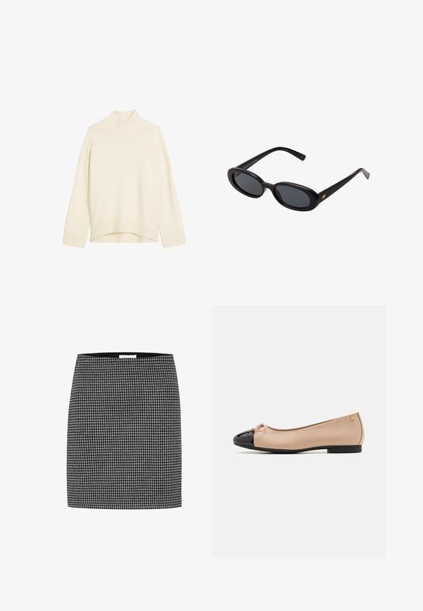 Cream-colored turtleneck sweater made from soft knit fabric. Features ribbed cuffs and hem, with a relaxed fit and dropped shoulders.; Black and white houndstooth skirt with a fitted silhouette, smooth texture, and a waistband. No visible hardware or patterns beyond the houndstooth design.; Ballet flats with a beige satin upper, black patent leather toe cap, small bow detail on the front, and a low black heel.; Black oversized sunglasses with oval lenses, smooth plastic frame, and gold accents on temple. Dark lenses provide sun protection.; Gray suede tote bag with two dark leather handles. Features stitched detailing on the sides, soft texture, and a spacious opening.