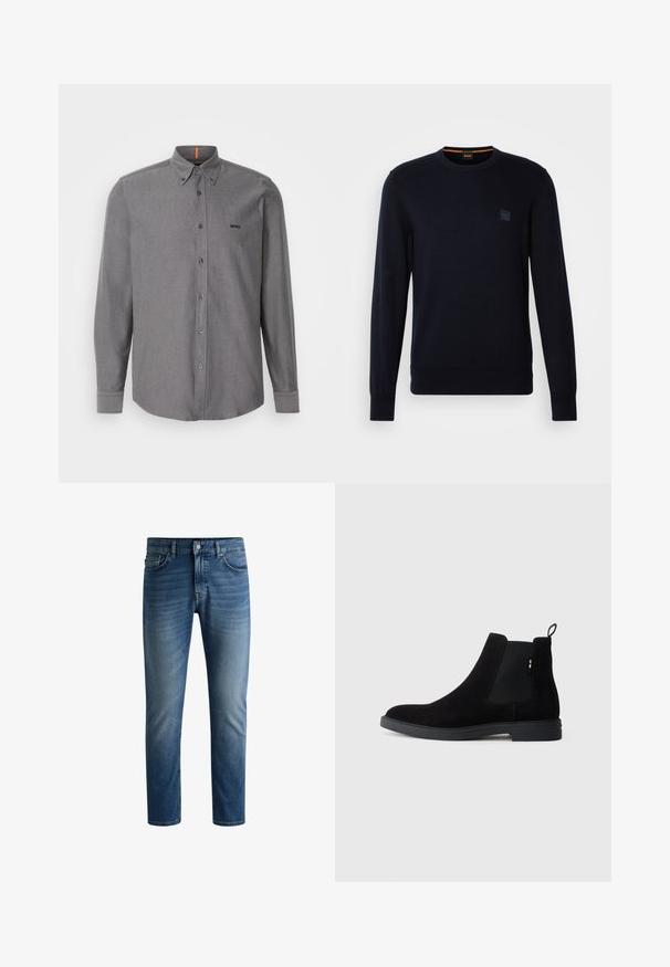 Pulover din tricot de culoare albastru marin, cu mâneci lungi, guler rotund, manșete și tiv ondulat, având un mic patch cu logo pătrat pe piept.; Cămașă gri cu mânecă lungă, dintr-un amestec de bumbac, cu guler ascuțit, buzunar frontal și logo pe piept. Are un tiv curbat și manșete cu buton.; Jeanși din denim albastru închis, cu croială dreaptă, design cu cinci buzunare, ușor decolorati pe coapse și închidere cu un singur nasture la talie.; Bocanci Chelsea din suede negru, cu panouri elastice laterale, vârful rotunjit și o talpa joasă din cauciuc. Prezintă un tab de tras pe spate pentru facilitarea încălțării.