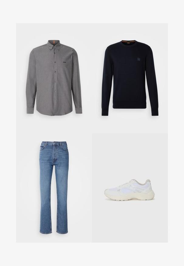Maglione in blu navy a maglia con maniche lunghe, scollo rotondo, polsini e orlo a costine, con un piccolo logo quadrato sulla parte anteriore.; Camicia grigia a maniche lunghe con bottoni, in misto cotone, con colletto a punta, tasca frontale e logo sul petto. Presenta un orlo curvo e polsini con bottone.; Jeans in denim blu con vita alta, design a gamba dritta e leggera sbiaditura. Presentano il classico stile a cinque tasche e chiusura con zip.; Scarpe da ginnastica bianche in mesh e suede, con una suola intermedia testurizzata, dettagli testurizzati e il logo "HUGO" sul lato.
