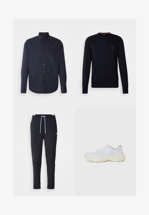 Tumši zils adīts džemperis ar garām piedurknēm, apaļu kakla izgriezumu, ribotu piedurkņu un apakšmalu, ar nelielu kvadrātveida logo uz krūtīm.; Jūras spēku pogas krekls izgatavots no mīksta auduma, ar kreiso krūšu kabatu, tumšām pogām un garām piedurknēm ar pogājamām aprocēm.; Melnas pieguļošas jogger bikses ar baltu auklu, elastīgu jostasvietu ar baltām svītrām un mazu baltu logotipu augšstilbā.; Baltas sporta apavi, kas izgatavoti no sieta un zamšāda, ar teksturētu starpzoli, teksturētām akcentēm un "HUGO" logo sānos.