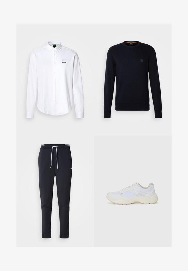 Maglione in blu navy a maglia con maniche lunghe, scollo rotondo, polsini e orlo a costine, con un piccolo logo quadrato sulla parte anteriore.; Camicia bianca button-up in cotone, dotata di colletto classico e di un logo ricamato discreto sul lato sinistro del petto. Texture liscia.; Pantaloni jogger slim-fit neri con cordoncino bianco, vita elastica con strisce bianche e piccolo logo bianco sulla coscia superiore.; Scarpe da ginnastica bianche in mesh e suede, con una suola intermedia testurizzata, dettagli testurizzati e il logo "HUGO" sul lato.