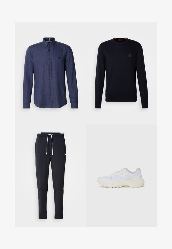 Dolg rokav modro-črni pleteni pulover s krožnim izrezom, ribastimi manšetami in robom, na prsih pa je majhna kvadratna logotipna nalepka.; Mornarsko modra srajca z dolgimi rokavi, izdelana iz lanu, z ovratnikom na gumb, temnimi gumbi in diskretno logotipno podrobnostjo na prsih.; Črne slim-fit jogger hlače z belo vrvico, elastičnim pasom z belimi črtami in majhnim belim logotipom na zgornjem stegnu.; Bela športna obuvala iz mrežastega in semiš materiala, z teksturiranim podplatom, teksturiranimi dodatki in logotipom "HUGO" na strani.