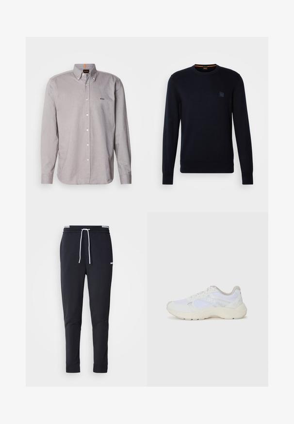 Marinblå stickad tröja med långa ärmar, rundad halsringning, ribbade manschetter och nederkant, med en liten fyrkantig logotyp på bröstet.; Ljust grå knappad skjorta i lätt tyg, med krage, långa ärmar och en liten broderad logotyp på bröstet.; Svarta slim-fit joggerbyxor med vit dragsko, elastisk midja med vita ränder och en liten vit logotyp på övre låret.; Vitaidrottsskor i mesh och mocka med en strukturerad mellansula, texturerade accenter och "HUGO"-logotypen på sidan.