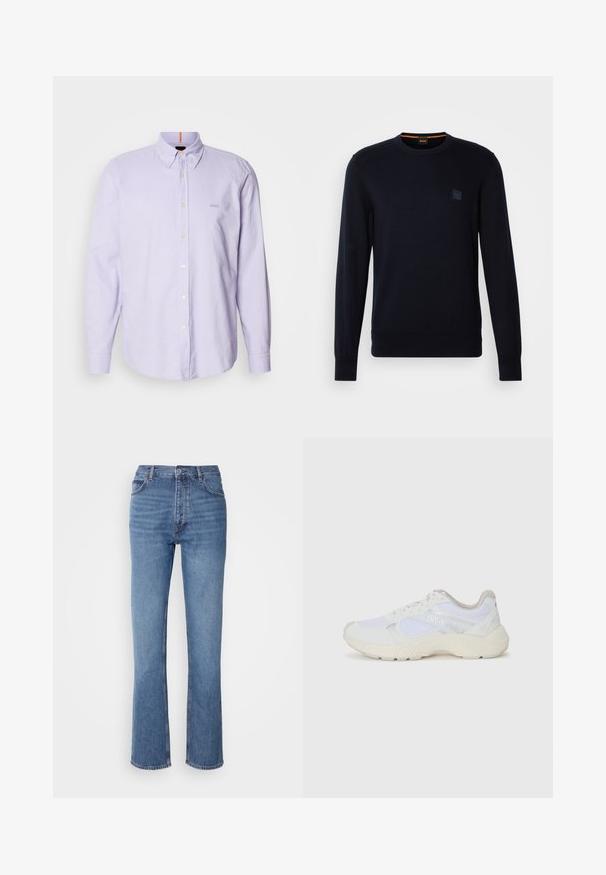 Granatowy sweter dziany z długimi rękawami, okrągłym dekoltem, ściągaczami przy rękawach i dolnej krawędzi, z małą kwadratową naszywką z logo na piersi.; Jasnofioletowa koszula z długim rękawem, kołnierzykiem i subtelnym logo na piersi, z gładką fakturą i białymi guzikami.; Niebieskie dżinsy o wysokim stanie, prostym kroju nogawek i subtelnych przetarciach. Posiadają klasyczny pięciopakowy styl oraz zamek błyskawiczny.; Białe sportowe buty wykonane z siateczki i zamszu, z teksturowaną podeszwą środkową, teksturowanymi akcentami i logo "HUGO" z boku.