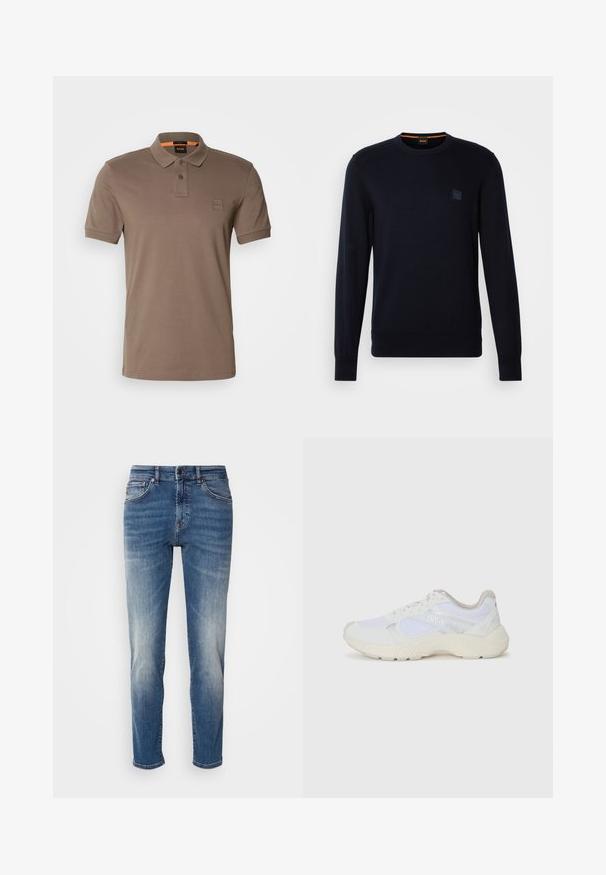 Marineblå strikkegenser med lange ermer, rund hals, ribbestrikkede mansjetter og nederkant, med et lite firkantet logo-patch på brystet.; Brun polo skjorte laget av glatt bomull med klassisk krage og korte ermer. Har et lite logo-patch på brystet.; Blå denimjeans med rette ben, lys falming, klassisk fem-lomme-stil og glidelås med knappelukking.; Hvit idrettssko laget av mesh og skinn, med en teksturert mellomsåle, teksturerte detaljer og "HUGO"-logo på siden.