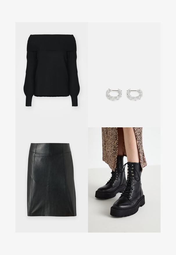 Crni pulover s otvorenim ramenima, izrađen od mekog pletiva, s rebrastim detaljima, dugim rukavima i opuštenim krojem. Nema vidljivih uzoraka.; Crna kožna suknja s prilagođenim dizajnom. Glatka tekstura, šavovi koji oblikuju siluetu i ravni rub. Minimalistički i elegantan izgled.; Crne kožne borbene čizme s debelim gumenim potplatima, prednjim vezanjem i metalnim rupicama. Teksturalna koža i kontrastni dizajn platforme.; Srebrne naušnice s okruglom petljom koje sadrže prozirne, pravokutne i trokutaste kristale raspoređene u uzorak. Kopče za sigurno pričvršćivanje.