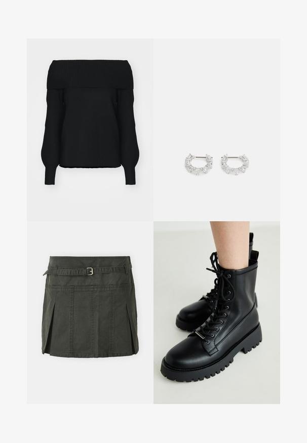 Pull noirs à épaules dénudées en maille douce, avec des bordures côtelées, des manches longues et une coupe décontractée. Pas de motifs visibles.; Jupe mini en coton vert foncé avec une taille cintrée, une ceinture et des plis sur le devant. Présente des détails de couture et une coupe classique.; Bottines noires à lacets en cuir lisse. Semelle en caoutchouc épaisse avec des crampons profonds. Dotées d'une boucle au talon pour un enfilage facile.; Boucles d'oreilles en argent en forme de créoles avec des cristaux clairs, rectangulaires et triangulaires disposés en motif. Fermeture à tige pour un maintien sûr.