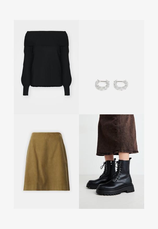 Czarny sweter bez ramiączek wykonany z miękkiego dzianiny, z prążkowanymi wykończeniami, długimi rękawami i luźnym krojem. Bez widocznych wzorów.; Selected Femme SLFJENNY NEWIBI wielbłądzi; Czarne skórzane botki za kostkę z grubą podeszwą, sznurowanym przodem i bocznym zamkiem. Posiadają srebrne oczka i gładką powierzchnię.; Srebrne kolczyki w kształcie kół z przezroczystymi, prostokątnymi i trójkątnymi kryształami ułożonymi w wzorzysty design. Zapięcia dla zapewnienia bezpieczeństwa.