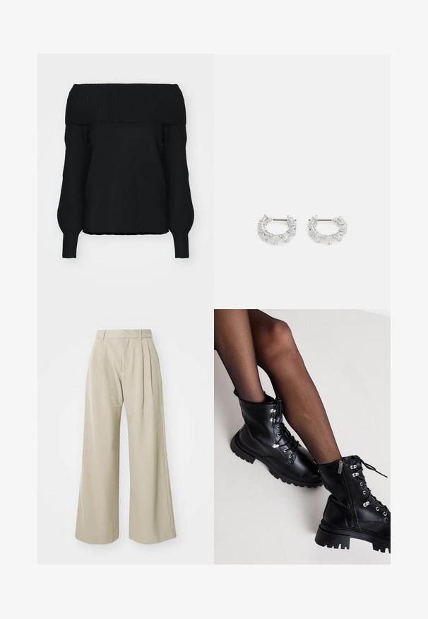 Crni pulover s otvorenim ramenima, izrađen od mekog pletiva, s rebrastim detaljima, dugim rukavima i opuštenim krojem. Nema vidljivih uzoraka.; GAP TROUSER - Hlače - medium cool brown; Even&Odd Wide Fit Gležnjače s vezicama - black; Srebrne naušnice s okruglom petljom koje sadrže prozirne, pravokutne i trokutaste kristale raspoređene u uzorak. Kopče za sigurno pričvršćivanje.