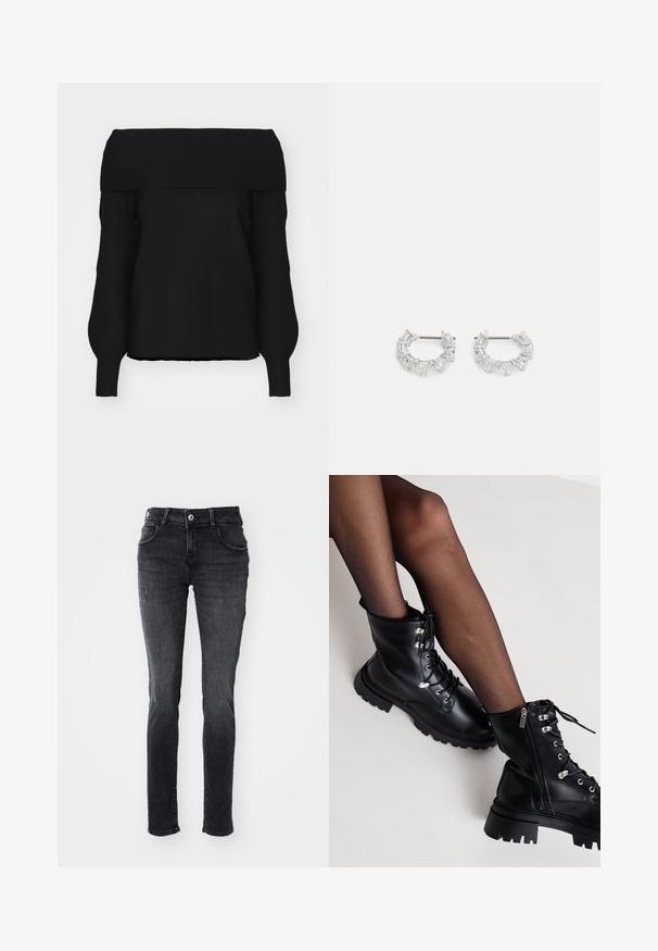 Jersey negro sin hombros, hecho de material de punto suave, con ribetes acanalados, mangas largas y un corte relajado. Sin patrones visibles.; Jeans negros ajustados con diseño de cinco bolsillos, ligero desvanecimiento y detalles desgastados en la parte delantera. Hechos de una tela de mezclilla con una textura suave.; Even&Odd Wide Fit Botines con cordones - black; Pendientes de aro de plata con cristales claros, rectangulares y triangulares dispuestos en un diseño en patrones. Con tachuelas para un cierre seguro.
