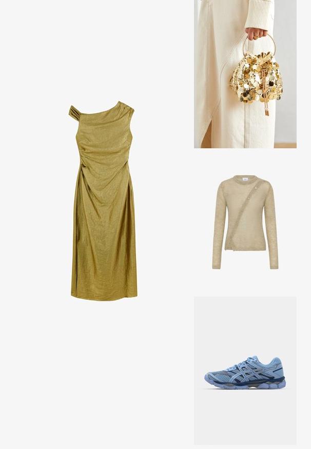 Beżowy sweter wykonany z miękkiego materiału, z długimi rękawami, okrągłym dekoltem i asymetrycznym zapięciem na guziki z przodu.; Złota sukienka na jedno ramię z drapowanym wzorem, do kolan, z teksturowanej tkaniny oraz małym, plisowanym akcentem na ramieniu.; ASICS SportStyle GEL CUMULUS 16 UNISEX niebieski; Złota torebka worek z cekinami, z okrągłym uchwytem, ozdobiona błyszczącymi okrągłymi cekinami oraz teksturowanym materiałem. Wymiary nie są podane.