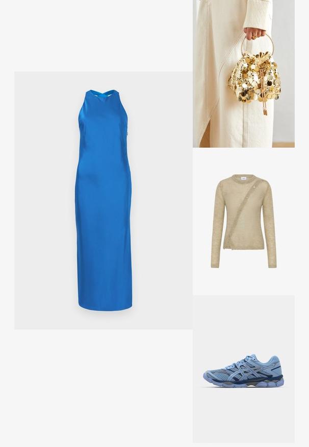 Beige tröja i mjukt material, med långa ärmar, rund halsringning och en asymmetrisk knappstängning framtill.; Blå satin klänning med en slank silhuett, halterneck och lång kjol. Slät textur, minimalistisk design, inga synliga mönster eller accenter.; ASICS SportStyle GEL CUMULUS 16 UNISEX - Sneakers - stone wash/independence blue; Gul paljettdragväska med ett cirkulärt handtag, featuring glänsande runda paljetter och en texturerad tyg. Måtten är inte angivna.