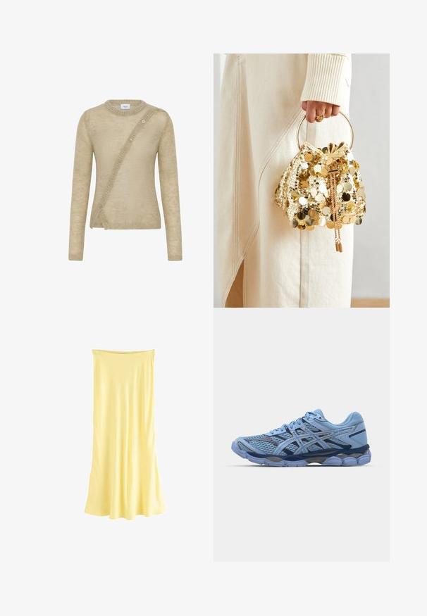 Maglione beige realizzato in materiale morbido, con maniche lunghe, scollo rotondo e chiusura con bottoni asimmetrica sul davanti.; Abito giallo senza maniche, lungo fino al ginocchio, realizzato in un tessuto leggero e morbido, con una silhouette fluida e un scollo dritto.; ASICS SportStyle GEL CUMULUS 16 UNISEX - Sneakers basse - stone wash/independence blue; Borsa a tracolla con coulisse in paillettes dorate e manico circolare, caratterizzata da paillettes rotonde lucide e un tessuto testurizzato. Le dimensioni non sono fornite.