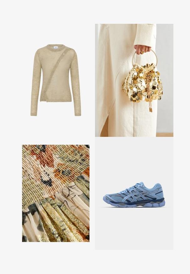 Beige sweater made of soft material, featuring long sleeves, a round neckline, and an asymmetrical button closure on the front.; Next REGULAR FIT - DROP WAIST - Maxi skirt - cream sparkle; ASICS SportStyle GEL CUMULUS 16 UNISEX - Trainers - stone wash/independence blue; Gold sequin drawstring handbag with a circular handle, featuring shiny round sequins and a textured fabric. Dimensions are not provided.
