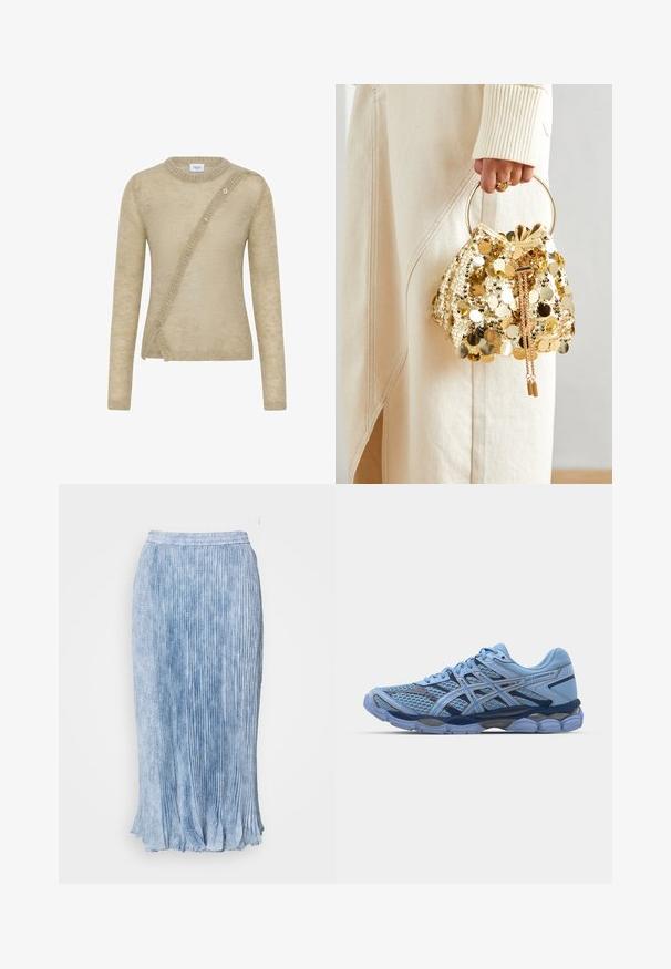 Bežna pulover iz mehkega materiala, z dolgimi rokavi, okroglo ovratnikom in asimetrično zaponko na sprednji strani.; Nabrana svetlo modra krila z teksturiranim zaključkom in nabranim robom. Ima elastičen pas za udobje in tekoč silhuet.; ASICS SportStyle GEL CUMULUS 16 UNISEX - Športni copati - stone wash/independence blue; Zlatna torba s cirkonima na povlačenje s kružnom drškom, koja sadrži sjajne okrugle cirkone i teksturiranu tkaninu. Dimenzije nisu navedene.