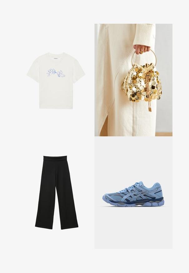 Béžový svetr vyrobený z měkkého materiálu, má dlouhé rukávy, oválný výstřih a asymetrické zapínání na knoflíky vpředu.; Bílý bavlněný tričko s modrými obrysovými ilustracemi dvou cherubínů v hravých pózách, kulatý výstřih, krátké rukávy a uvolněný střih.; Černé široké kalhoty vyrobené z měkké tkaniny, s vysokým, elastickým pasem, plné délky nohavic a bez viditelných vzorů nebo akcentů.; ASICS SportStyle GEL CUMULUS 16 UNISEX - Tenisky - stone wash/independence blue; Zlatá taška se šňůrkou a kruhovou rukojetí, pokrytá lesklými kulatými flitry a texturovanou tkaninou. Rozměry nejsou uvedeny.