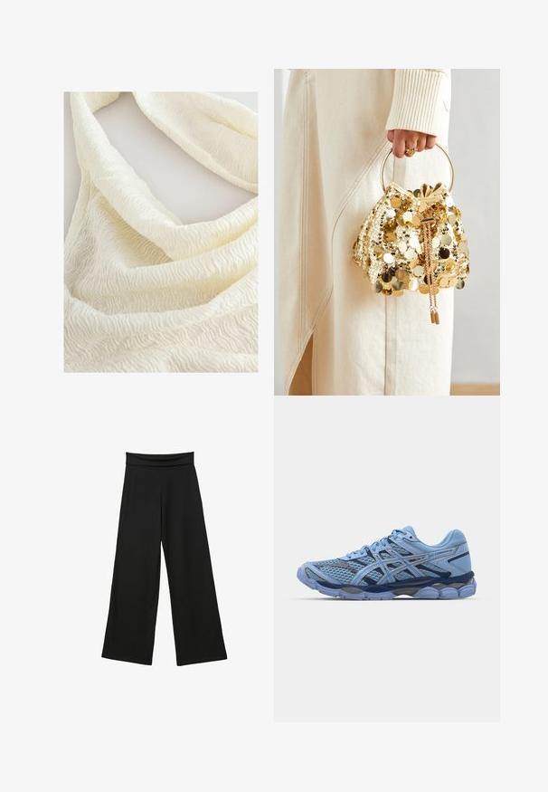 Bežani džemper od mekog materijala, s dugim rukavima, okruglim izrezom i asimetričnim zakopčavanjem sprijeda.; Next REGULAR FIT - TEXTURE - Top - ecru; Crne široke hlače izrađene od mekog materijala, s visokim, rastezljivim pojasom, punim nogavicama i bez vidljivih uzoraka ili akcenata.; ASICS SportStyle GEL CUMULUS 16 UNISEX - Tenisice - stone wash/independence blue; Zlatna torba na šnalu sa šljokicama i kružnom drškom, koja sadrži sjajne okrugle šljokice i teksturiranu tkaninu. Dimenzije nisu navedene.