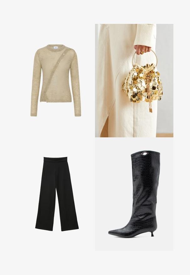 Béžový svetr vyrobený z měkkého materiálu, má dlouhé rukávy, oválný výstřih a asymetrické zapínání na knoflíky vpředu.; Černé široké kalhoty vyrobené z měkké tkaniny, s vysokým, elastickým pasem, plné délky nohavic a bez viditelných vzorů nebo akcentů.; Černé kozačky do výšky kolen vyrobené z lesklé kůže s krokodýlím vzorem, s špičatou špičkou a malým podpatkem typu kitten heel, ozdobené úhlovým stříbrným akcentem na vrchu.; Zlatá taška se šňůrkou a kruhovou rukojetí, pokrytá lesklými kulatými flitry a texturovanou tkaninou. Rozměry nejsou uvedeny.