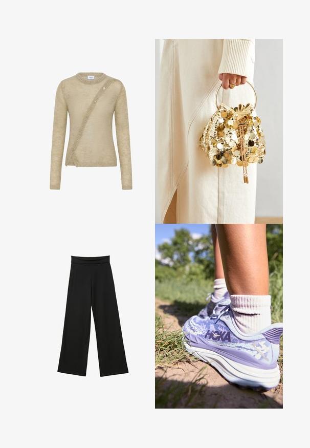 Beige trui gemaakt van zachte stof, met lange mouwen, een ronde halslijn en een asymmetrische knoopsluiting aan de voorkant.; Zwarte wijde broekspijpen gemaakt van zacht materiaal, met een hoge, rekbare tailleband, lange benen en zonder zichtbare patronen of accenten.; HOKA STINSON 7 - Trail hardloopschoenen - cosmic sky/meteor; Gouden pailletten trekkoord handtas met een ronde handgreep, versierd met glanzende ronde pailletten en een gemêleerde stof. Afmetingen zijn niet opgegeven.