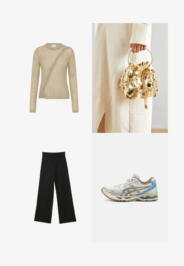 Bežani džemper od mekog materijala, s dugim rukavima, okruglim izrezom i asimetričnim zakopčavanjem sprijeda.; Crne široke hlače izrađene od mekog materijala, s visokim, rastezljivim pojasom, punim nogavicama i bez vidljivih uzoraka ili akcenata.; Sportska cipela u bijeloj i srebrnoj boji s plavim naglascima. Ima mrežasti gornji dio, jastučić u potplatu i složene uzorke sa strane.; Zlatna torba na šnalu sa šljokicama i kružnom drškom, koja sadrži sjajne okrugle šljokice i teksturiranu tkaninu. Dimenzije nisu navedene.