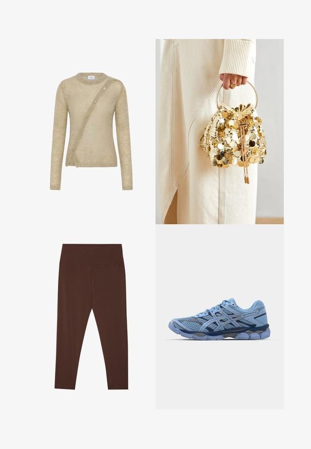 Un suéter beige hecho de material suave, con mangas largas, un cuello redondo y un cierre de botones asimétrico en la parte delantera.; Leggings marrones de altura media, hechos de una tela elástica con una textura suave. Tienen costuras mínimas y un diseño ajustado.; ASICS SportStyle GEL CUMULUS 16 UNISEX - Zapatillas - stone wash/independence blue; Bolso de drawstring de lentejuelas doradas con un asa circular, que presenta brillantes lentejuelas redondas y una tela texturizada. No se proporcionan dimensiones.