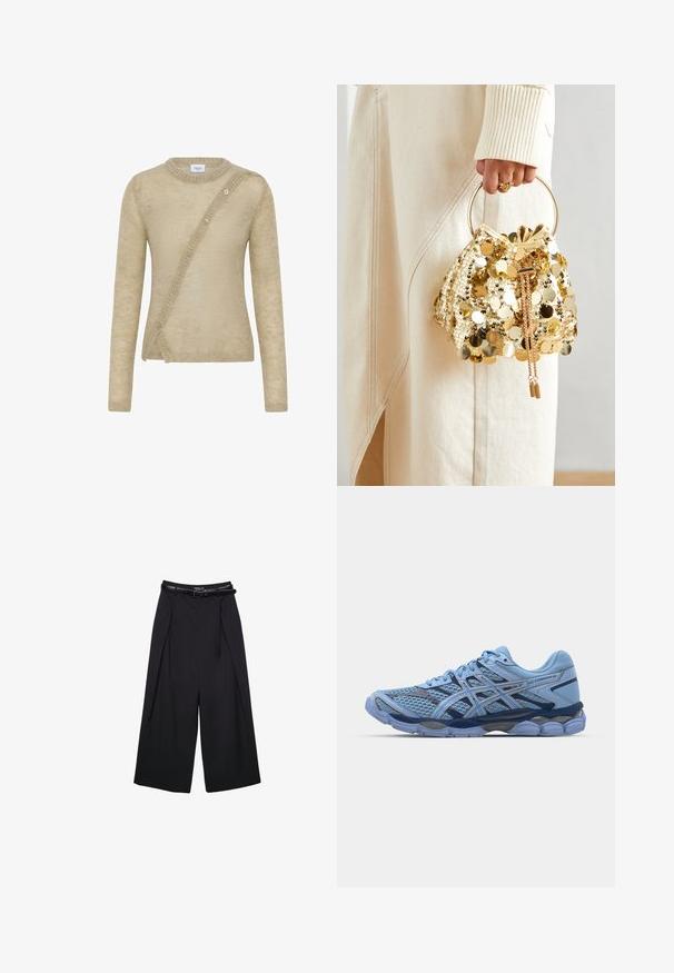 Beige trui gemaakt van zachte stof, met lange mouwen, een ronde halslijn en een asymmetrische knoopsluiting aan de voorkant.; Zwarte wijde broek van soepele stof, met een hoge taille en riemlussen, voorzien van geplooide voorkant en zonder zichtbare patronen.; ASICS SportStyle GEL CUMULUS 16 UNISEX - Sneakers laag - stone wash/independence blue; Gouden pailletten trekkoord handtas met een ronde handgreep, versierd met glanzende ronde pailletten en een gemêleerde stof. Afmetingen zijn niet opgegeven.