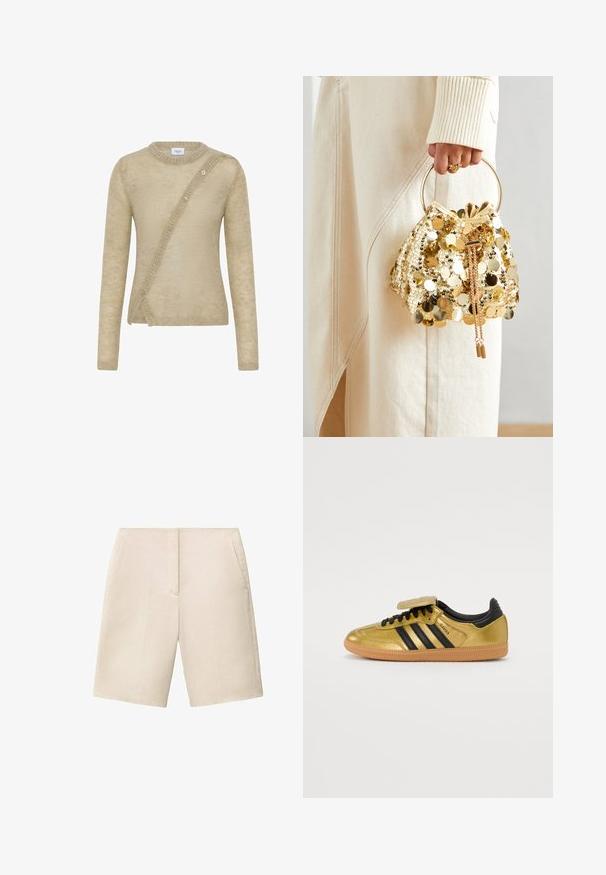 Maglione beige realizzato in materiale morbido, con maniche lunghe, scollo rotondo e chiusura con bottoni asimmetrica sul davanti.; Pantaloni corti in lino beige con frontale piatto, due tasche laterali e lunghezza al ginocchio, caratterizzati da una texture liscia e un design sartoriale.; Sneaker dorato e nero con una finitura liscia, dotato di tre strisce nere, chiusura a strappo, suola in gomma e colletto imbottito.; Borsa a tracolla con coulisse in paillettes dorate e manico circolare, caratterizzata da paillettes rotonde lucide e un tessuto testurizzato. Le dimensioni non sono fornite.