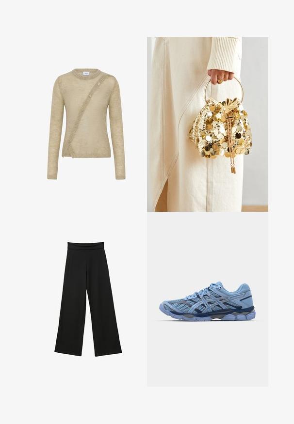 Beżowy sweter wykonany z miękkiego materiału, z długimi rękawami, okrągłym dekoltem i asymetrycznym zapięciem na guziki z przodu.; Czarne spodnie o szerokich nogawkach wykonane z miękkiego materiału, z wysokim, elastycznym pasem, długimi nogawkami i bez widocznych wzorów lub akcentów.; ASICS SportStyle GEL CUMULUS 16 UNISEX niebieski; Złota torebka worek z cekinami, z okrągłym uchwytem, ozdobiona błyszczącymi okrągłymi cekinami oraz teksturowanym materiałem. Wymiary nie są podane.